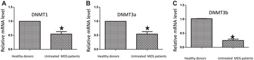 Figure 2 The mRNA expressions for DNMTs in MDS patients were lower than those in controls. Bone marrow cells were extracted from ten untreated MDS patients and 3 healthy donors and then subjected to real-time PCR to measure the mRNA levels of DNMT1 (A), DNMT3a (B) and DNMT3b (C). The error bars indicate mean ± SEM. *, P<0.05, compared to those in healthy donors.