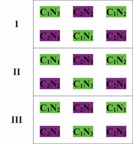 Figure 1. Layout of experiment: (C1 = Sabz cultivar, C2 = Siah cultivar, N1 = control, N2 = blue net, N3 = yellow net)