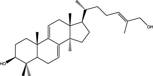 Figure 2. Chemical structure of ganoderol B. The hydroxyl group at C-3 and the double-bond in the side chain are thought to be important for α-glucosidase inhibitory activity (Fatmawati et al. Citation2013).