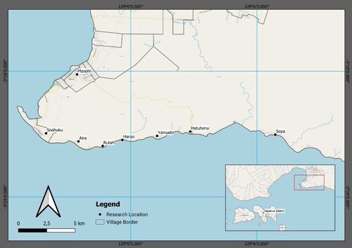 Figure 1: Villages in South Seram Island, located across from Saparua Island. Map created by, and reproduced by permission of, Muhammad Asyrofi Al Kindy.