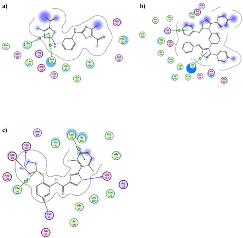 Figure 12. The 2D presentations of the molecular docking of 3b (a), 8b (b) and the co-crystallised ligand 3YR (c) using Pim2 kinase PDB 4X7Q.