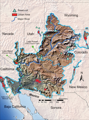 Figure 1. Map of the Colorado River Basin including lands outside of the basin that use Colorado River water.