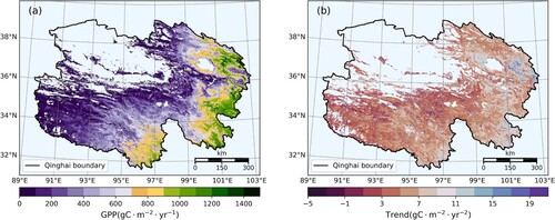 Figure 9. Temporal trends and spatial distribution of GPP in Qinghai Province from 1987 to 2021. The White areas in (b) indicate no significant trend (p<0.05).