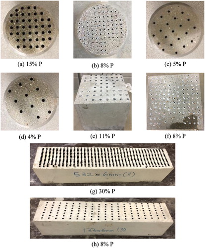 Figure 1. High strength clogging resistant permeable pavement (CRP) containing straight pore channels (plastic tubes) of varying size and number in self-compacting mortar to achieve porosity ranging from 4 to 30%. Samples tested include 100Ø × 150 mm cylinders (a–d), 100 mm cubes (e,f) and 100 × 100 × 500 mm prisms (g,h).