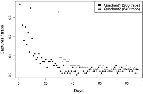 Figure 2. Proportion of closed traps with rodents over time (number of rodents divided by the total number of traps that were still open or closed without a capture). Black dots represent traps from the first line (200 traps) and grey dots from the second line (640 traps) in the village Brissa.