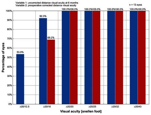 Figure 3 Graph of efficacy data for a subset of eyes in the ray tracing group having preoperative spherical equivalent refractive error in the lower range (−4.00 to −5.00 D) of eyes enrolled in the study.