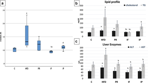 Figure 1. Effect of probiotics and Intermittent fasting on HOMA Ir (A), lipid profile (B) and liver enzymes (C) in different groups. C, control group; HFD, high fat diet group; PR, probiotic group; IF, intermittent fasting group; IP, combined intermittent fasting and probiotics group. Parameters described as mean ±SD, Probability significance <0.05. Test used: One way ANOVA followed by Tukey post hoc test except for Homa IR, Kruskal – Wallis was used. asignificance with control group, bsignificance with HFD group, cSignificance with PR group, dSignificance with if group.
