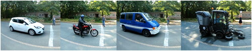 Figure 1. Vehicles used in the experiment. From left to right: car (Opel Corsa 2016), motorbike (Suzuki VX 800 800 cc 1994), van (Ford Transit FT100 1999) and street sweeper (Kärcher MC 50). The figure is taken from Llorach et al. (Citation2019).