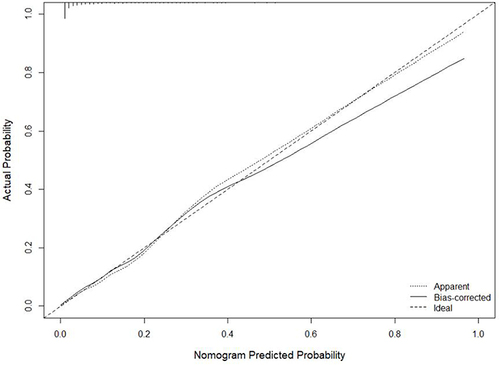 Figure 3 Calibration curves for the nomogram model in the training set.