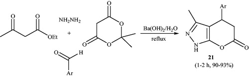 Scheme 31. Synthesis of 3-methyl-4-aryl-4,5-dihydro-1H-pyrano[2,3-c]pyrazol-6-ones in the presence of Ba(OH)2.