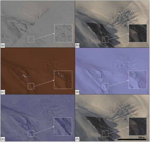 Figure 6. Progression of intermediate products from PhotoScan including: (a) Sparse point cloud; (b) Dense point cloud; (c) Classified points (brown = ground points, white = unclassified); (d) Solid surface model; (e) Wireframe model; and (f) Textured model (Orthophoto).