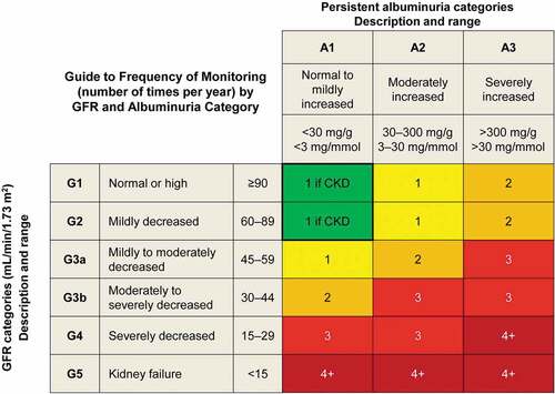 Figure 3. KDIGO guide to frequency of monitoring by GFR and albuminuria category [Citation12]. Grid reflects the risk of progression by intensity of coloring (green: low risk [if no other markers of kidney disease, no CKD]; yellow: moderately increased risk; Orange: high risk; red/deep red, very high risk). The numbers in the boxes are a guide to the frequency of monitoring (number of times per year).