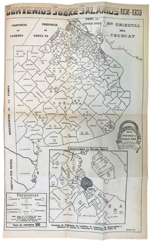 Figure 12. Unknown artist, map of agreements on salaries, 1936–40. From Manuel A. Fresco, Cómo encaré la política obrera durante mi gobierno. Directivas del poder ejecutivo. Nueva legislación del trabajo. Acción del Departamento del ramo 1936–1946 [How I Confronted Labor Politics During My Government. Executive Power Directives. New Labor Legislation. Actions by the Branch Department, 1936–1946] (La Plata, 1940). Image: New York Public Library.