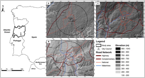 Figure 2. Location of the three study areas: (a) Castelo Branco; (b) Leiria; (c) Viseu.