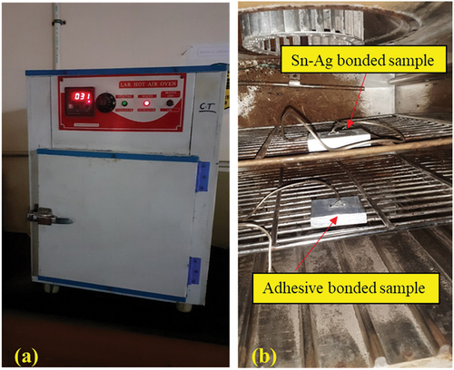 Figure 12. Study of the temperature effect with the help of the hot air oven. a) oven b) aluminium samples kept in an oven for thermal exposure.
