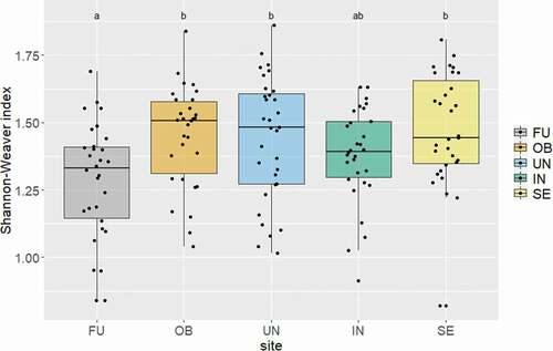 Figure 2. Shannon-Weaver index for microarthropod diversity within each research site. Different letters above boxplots indicate significant differences in microarthropod diversity between sites. FU = Furka, OB = Oberettes, UN = Untersulzbachtal, IN = Innergschlöss, S = Seebachtal.