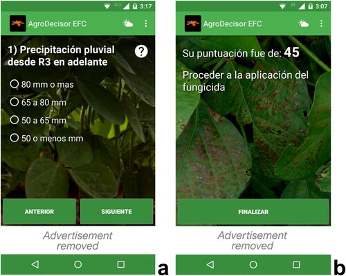 Figure 2. The ‘AgroDecisor’ smartphone application (Carmona et al., Citation2018) uses two-way communication to provide tailored advice: (a) Argentinian soybean farmers answer ten key questions, for example, about rainfall quantity. (b) The application calculates a plot-specific susceptibility score and gives a recommendation on fungicide application.