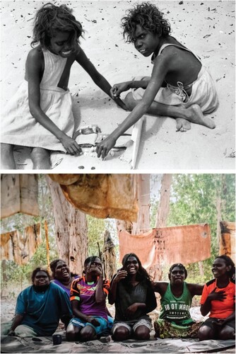 Above: Girls playing with shell dolls, photographed by Peter Worsley 1952–1953, Pitt Rivers Museum, University of Oxford. Below: Anindilyakwa artists dying fabrics on Groote Eylandt in 2022