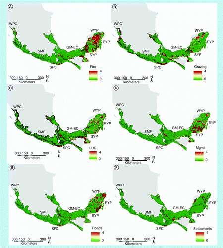 Figure 4.  Spatial distribution of human disturbances in Mexico. (A) Fire; (B) grazing; (C) land-use change; (D) forest management; (E) roads; and (F) settlements. Scale: 1 = very light to 4 = severe.EYP: East Yucatan Peninsula; GM-EC: The Gulf of Mexico and eastern Chiapas; LUC: Land-use change; Mgmt: Forest management; SMF: Sierra Madre Foothills; SPC: South Pacific Coast; SYP: South Yucatan Peninsula; WPC: West Pacific Coast; WYP: West Yucatan Peninsula.