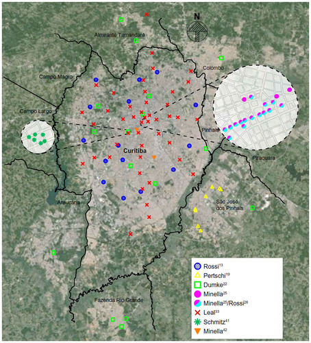 Figure 1 Spatial distribution of the points covered by fixed monitoring stations over the background of satellite imagery (Google Earth) and street-layout maps from IPPUC.Citation52