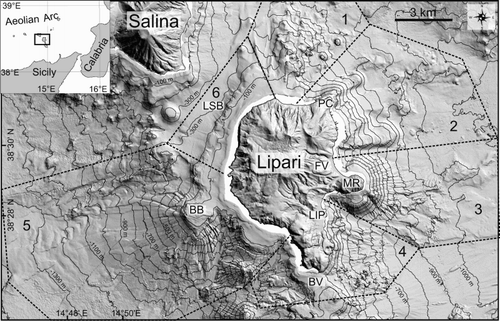 Figure 1. Shaded relief map of Lipari edifice (isobaths every 100 m). Dashed polygons point out the sectors where cumulative slope gradients were computed. BV: Bocche di Vulcano, LSB: Lipari-Salina Basin; LIP: Lipari village; MR: Monterosa, FV: Forgia Vecchia, PC: Punta della Castagna.