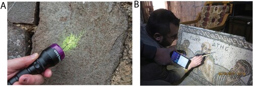 Figure 3. Forensic traceable liquid marking A) at the Hartshill Castle, UK and B) in Syria. Image Courtesy of SmartWater Group Ltd©.