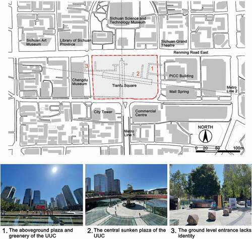 Figure 1. Site and built environment of the Tianfu Square UUC.