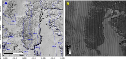 Figure 3. Digital terrain model (DTM, slope shader visualization) of a sector of western shelf showing the presence of an irregular seabed surface(left panel). The distribution of backscatter values (dB) of the same seabed sector is reported in the right panel. The irregular surface is associated to high backscatter intensity (location in Figure 1). The coordinates are expressed in meters (UTM-WGS 84-32N zone).