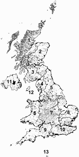 Figure 1. Stratification used to generate population estimates of wintering gulls in Great Britain, its constituent countries, Northern Ireland, the Channel Islands and Isle of Man, for the five principal species of gull that winter in the UK. Dark grey = tetrads in the inland high water strata; light grey = tetrads in the inland low water strata; white = tetrads in the inland no water strata. Grey lines indicate regional boundaries used in the stratification: 1 = north and west Scotland; 2 = east Scotland; 3 = southwest Scotland; 4 = northwest England; 5 = northeast England; 6 = Wales; 7 = midlands; 8 = East Anglia; 9 = southwest England; 10 = southeast England; 11 = Northern Ireland; 12 = Isle of Man; 13 = Channel Islands. Black indicates inland and coastal key sites.