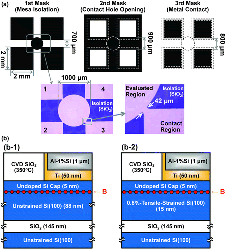 Figure 4. (a) Mask patterns for lithography and (b) schematic cross-sectional structures and typical film thicknesses near the edge of metal contact in the Hall-effect devices on (b-1) the unstrained SOI and (b-2) the 0.8%-tensile-strained SOI. Si cap layer thickness for the Hall-effect devices was fixed at 5 nm.