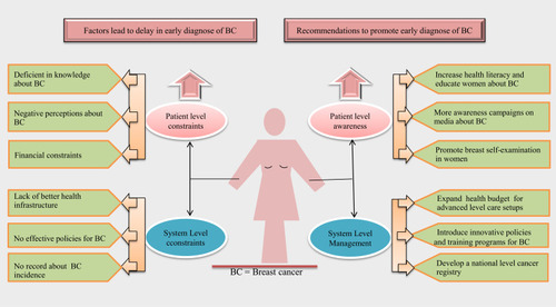 Figure 1 Diagram of risk factors that lead to delay in early diagnosis of breast cancer in Pakistani women and recommendations to overcome these factors. There are both patient-level socioeconomic constraints and lack of advanced medical facilities in Pakistan’s health system holding back more women going to clinics for breast screening. Recommendations to address these factors include expanding the health budget and more awareness about breast cancer etiology with health education.