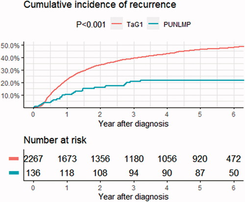 Figure 2. Kaplan–Meier graphs with a cumulative incidence of recurrence for PUNLMP and TaG1.