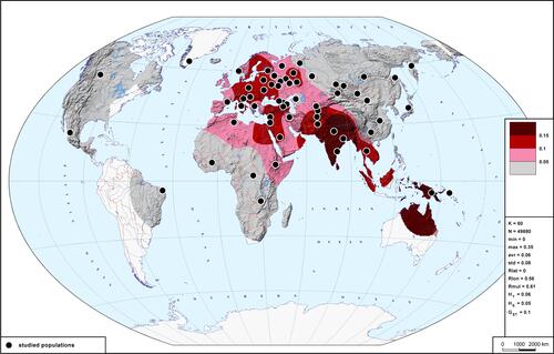 Figure 2 Global variation of rs11385942_GA frequencies. Four colors mark areas of 4 frequency ranges of this risk allele. The black points represent the populations analyzed. Abbreviations in the statistical legend indicate the following.