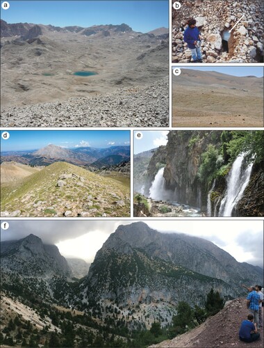 Figure 7. Field photo plate of eastern Aladağlar. (a) Yedigöller Plateau, (b) debris-covered glaciers, and (c) surface girlands above 3000 m a.s.l. (d) A well-preserved right-lateral moraine covers the dolines in Kemikli Valley. (f) An example of typical U-shaped imprint from Sineklikapız Valley. (e) The Kapuzbaşı Waterfalls located in the far east edge of the study area follow an ophiolite and limestone contact zone.