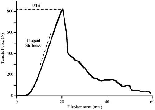 Figure 3. Tangent stiffness and ultimate tensile strength parameters derived from a typical force-displacement curve for the MCL. Tangent stiffness was defined by the slope of the linear section of the force-displacement curve (offset for illustrative purposes), while ultimate tensile strength was defined as the peak force during failure testing. Note that the force applied during manual laxity testing (N) lies within the “toe” region of the force-displacement curve, and is well below the tensile strain at which structural properties are typically calculated.