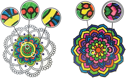 Figure 4. Mandalas colored by P18 (left) and P13 (right), with coloring mistakes highlighted.