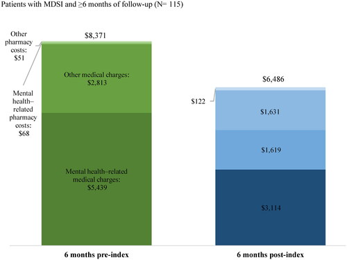 Figure 4. All-cause and mental health–related healthcare costs 6 months pre- and post-indexa–c. Notes: (a) Healthcare costs are reported per-patient-per-month and are adjusted for inflation using the 2021 US Consumer Price Index. (b) Medical charges are reported as the payment amount for the entire claim as requested by the provider; pharmacy costs are reported from a private payer’s perspective. (c) Mental health–related medical charges were identified based on claims with an ICD-10-CM diagnosis between F01 and F99 (inclusive). Abbreviations: ICD-10-CM, International Classification of Disease, Tenth Revision, Clinical Modification; MDSI, major depressive disorder with acute suicidal ideation or behavior; US: United States.