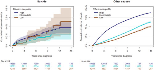 Figure A4. Cumulative incidence of suicide (ICD-10: X60-84, Y87.0) and death from other causes as a competing event among 34,519 men with prostate cancer stratified on D’Amico risk group at diagnosis (missing information on 3008 individuals). Please note that y-axes differ.