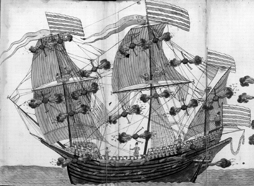 Figure 7 Detail of an illustration of a Swedish ship in a Danish manuscript, signed 1585. Note that the mainmast is placed abaft of amidships. (Det Kongelige Bibliotek, Køpenhamn)