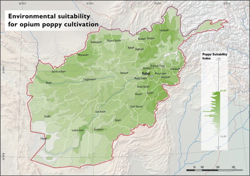 Figure 2. Homogeneous regions of environmental suitability to opium poppy cultivation in Afghanistan, province borders are overlain in white colour.
