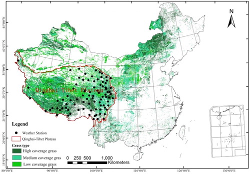 Figure 1 Grass type and distribution of meteorological stations over the QTP.