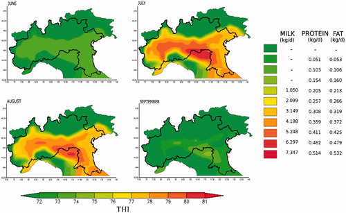 Figure 4. THI-related risk of milk, protein and fat yield loss (kg/d) in the production area of Grana Padano (marked) during the period 1971–2000 in the months of June, July, August and September. The colours from green to red indicate increasing values of THI (from 72 to 81) to which correspond different degree of production loss: null (green) and maximum (red). THI: temperature-humidity index.