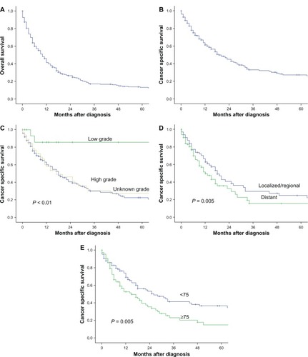 Figure 1 (A) Kaplan–Meier curve for overall survival (OS) in the entire cohort of patients with small-cell carcinoma of the prostate (SCCP) (n = 259). (B) cancer-specific survival of patients with SCCP. (C) cancer-specific survival of patients with SCCP by tumor histological grade. (D) cancer-specific survival of patients with SCCP by tumor stage. (E) cancer-specific survival of patients with SCCP by age group.