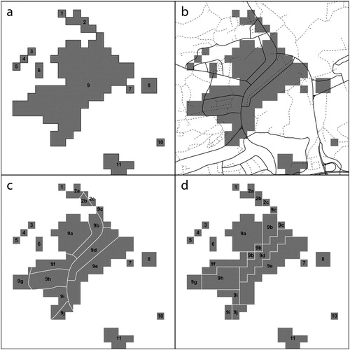 Figure 12. Geometrical segmentation of the industrial and commercial clusters by the road network (a. vectorised clusters as per the spatial refinement, each with a unique identifier; b. road network used to segment the polygons; c. segmented polygons after elimination of sliver segments; and d. segmented polygons after rasterisation).