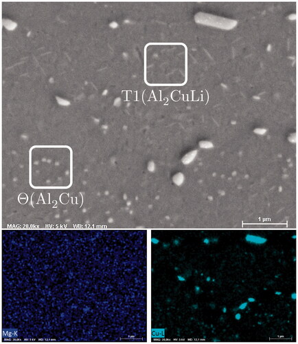 Figure 18. SEM and EDS maps of rectangular A in Figure 17(b) with higher magnification. Re-precipitation of T1 (Al2CuLi) and θ (Al2Cu) is clear.