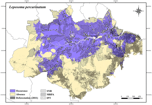 Figure 51. Occurrence area and records of Leposoma percarinatum in the Brazilian Amazonia, showing the overlap with protected and deforested areas.