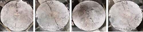 Figure 5. Initial cracking of lean iron ore concrete: (a) A1, (b)A2, (c) A3, and (d) A4.