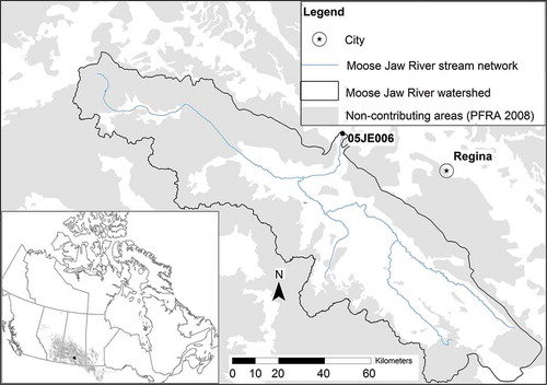 Fig. 2 The prairie pothole region and location of the study watershed at Moose Jaw (05JE006) in Canada.