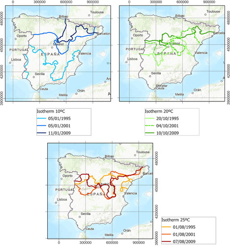 Figure 15. Location of the isotherms 10 °C, 20 °C and 25 °C WST in 1995, 2001 and 2009.