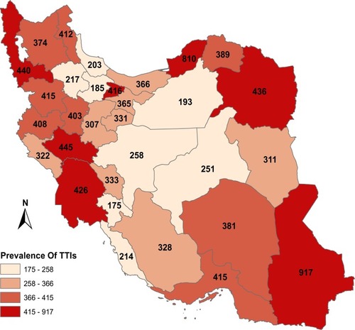 Figure 2 The geographic distribution of the period prevalence (2003–2017) of TTIs in Iranian donated bloods (per 100,000 donations).
